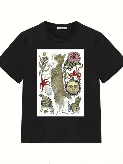 200gのコットン製Tシャツの前面中央には、立ち猫、バラ、スマイル・フェイスの太陽、ウサギ、ウニ、卵..