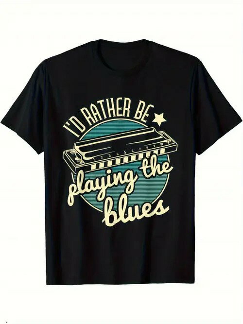 200gのコットンTシャツの前面中央には、ブルー・グリーンのグラデーションを背景に細かい横縞の円形模様がある。円の内側には穴の見えるライトイエローのハーモニカ。円形のデザインの上下に、ライト・イエローの文字があしらわれている。(4)