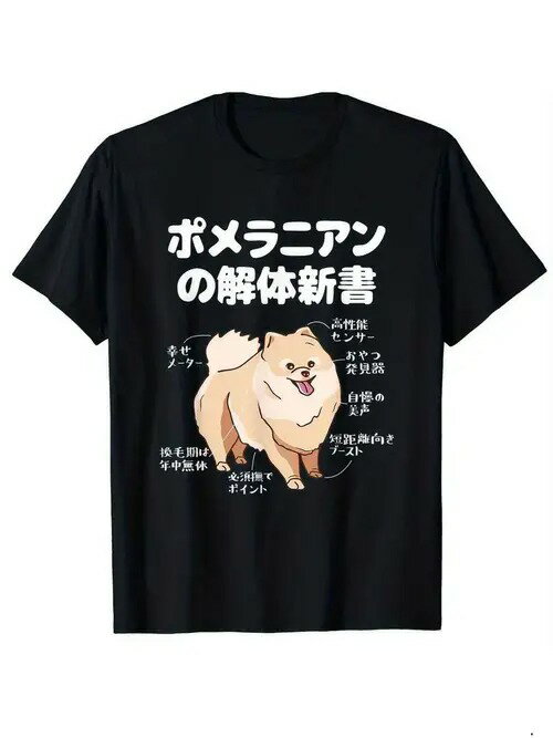 ポメラニアンの柄と、ポメラニアンの特徴のラベル。シンプルでカジュアルな普段着