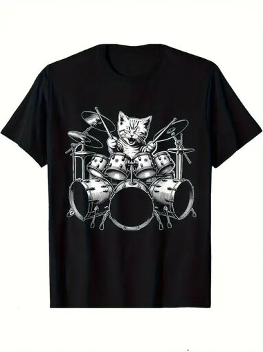 200gのコットン製Tシャツで、楽しくミュージカル(ロック/ジャズ・ドラム)風にドラムを叩く猫が描かれている。 200gのコットン製Tシャツで、楽しくミュージカル(ロック/ジャズ・ドラム)風にドラムを叩く猫が描かれている。