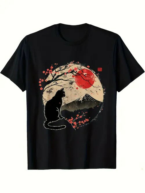 純綿Tシャツ200g富士山、黒猫の浮世絵、和の美学です!文化の迷える+猫奴は必ず持っていて、街を出て、展を見て着て、「東方境地」はいっぱい引いて、超雅です~