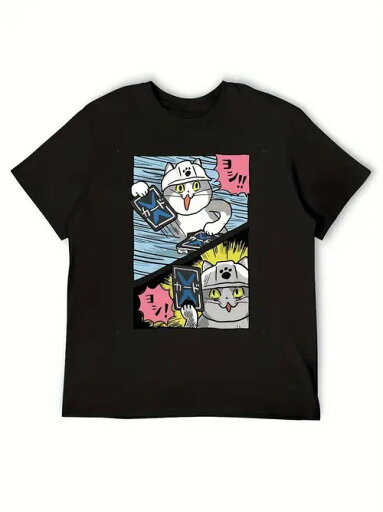 綿Tシャツ200g猫がカードで遊ぶ、日本の漫画風です!猫奴+ 2次元必携、街に出てもコミケに出ても「ニャンコ想像力」炸裂、超面白いです~