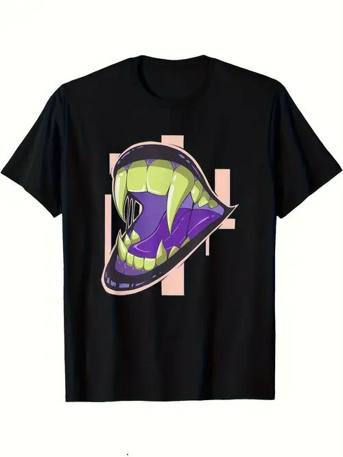 200g純綿のTシャツは誇張した色の鋭い歯の口の図案を印刷して、潮流は暗い設計です。