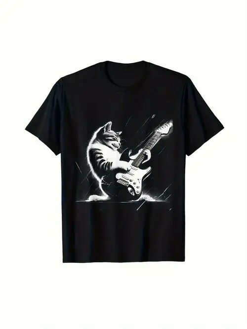 200g純綿Tシャツ魔法の猫星人はロックを遊びます猫はエレキギターを弾いて超クールです!黒Tを着て音楽..