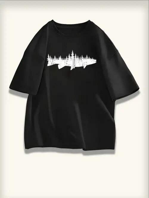 200gアウトドア党/想像力党ロックします!サメのシルエット+森林のプリント、「自然な想像力」を身に着けます~黒Tはゆったりと箇性を見せて、機能ズボン、登山靴、キャンプ、徒歩でそれを着て、まるで「サメも大自然が好きです」と言っているようで、創造感がいっぱいです。