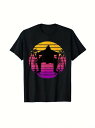 黒のTシャツに相撲取りのシルエットが描かれ、背景にはカラフルな夕日とヤシの木がレトロでスポーティな印象を与える200gのコットンTシャツ。スポーツ愛好家やレトロなスタイルが好きな人に最適で、レジャーで着ると活力が増す。