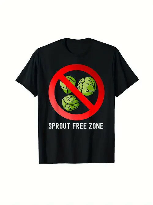 200gのコットン製Tシャツ。黒いTシャツにユニークで楽しいデザインが施され、赤い禁止マークが数本の緑..