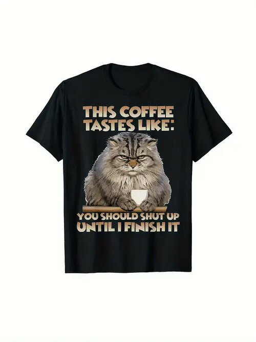 黒いTシャツの上に、コーヒーカップの横に横たわるふわふわの猫が描かれた200gのコットン製Tシャツ。コーヒー好きの方は、コーヒーブレイクを楽しみながら、あるいは日常的に身につけながら、ユーモアと個性を発揮してください。