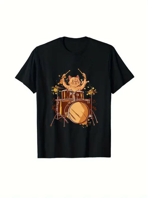 200gコットンTシャツ、ドラミング・ニャー、ブラックT＋スプラッシュ・インク、ドラミング・ニャー、ロックンロール・キュート！ストリートで、フェスで、愛を込めて！