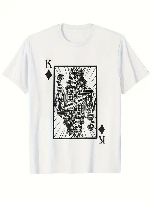 ダークでトレンディーな200gコットンTシャツにスペードのKのスカルカードがプリントされています!ヒップスターやポーカーファンのマストアイテムで、普段着としても目を引くミステリアスなルックス!