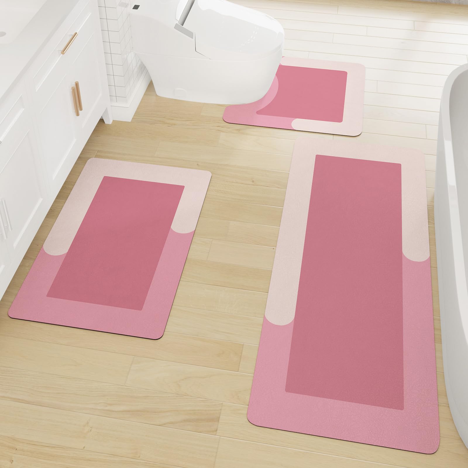 バスルームラグセット 3ピース、トイレマット付きバスマット U字型ノンスリップ吸水ゴムバスルームマッ..