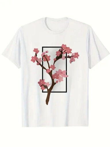 200gのコットンTシャツに桜+幾何学フレームをプリント、爽やかで文学的!スウィートな女子や日本のパーティーにはマストアイテムだし、春らしく普段着にも超万能! 200gのコットンTシャツに桜+幾何学フレームをプリント、爽やかで文学的!スウィートな女子や日本のパーティーにはマストアイテムだし、春らしく普段着にも超万能!