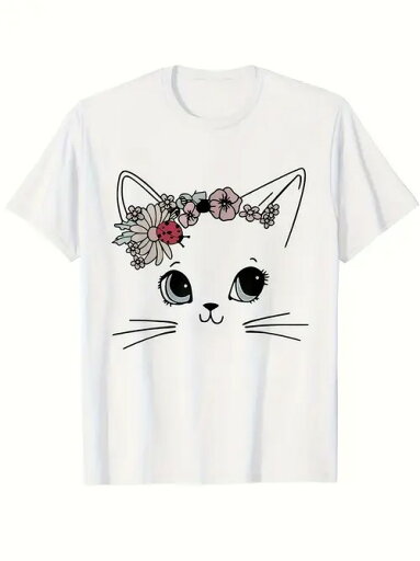 200gコットンTシャツ 花輪をつけたやわらかくてキュートな猫ちゃんに乙女心が弾みます!ニャンコ好き、甘えん坊の女の子の必需品、普段着に超癒し、まるで子猫を身に着けているよう! 200gコットンTシャツ 花輪をつけたやわらかくてキュートな猫ちゃんに乙女心が弾みます!ニャンコ好き、甘えん坊の女の子の必需品、普段着に超癒し、まるで子猫を身に着けているよう!
