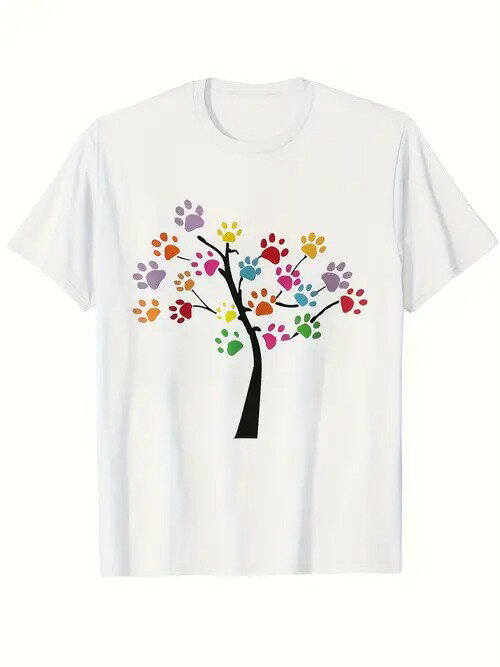 200gコットンTシャツレインボー肉球プリントツリー、暖かいヒーリングスタイル！ウンチすくい愛好家や..