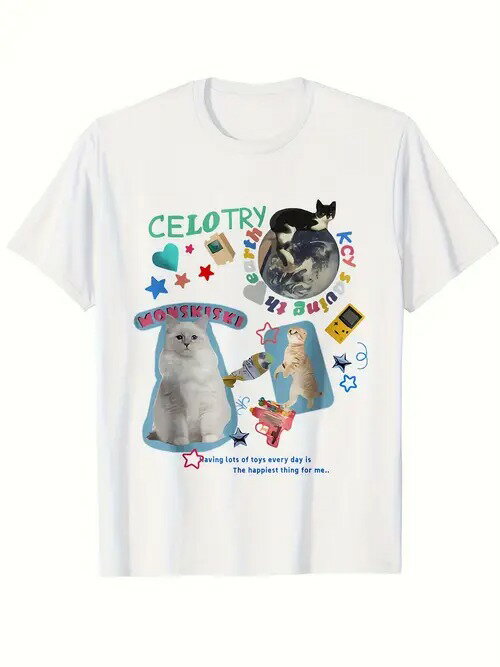 200gコットンTシャツかわいい楽しいスタイル!ネコを操る、ヒップスター必見、イラストレイアウト、癒し感満載のプルプル!