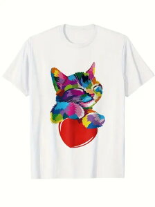 200グラムコットンTシャツカラフルな猫の愛の風、ハートを抱きしめてカラフルな猫、まるでかわいいアート!猫好き、ヒップスター必見の癒し系!