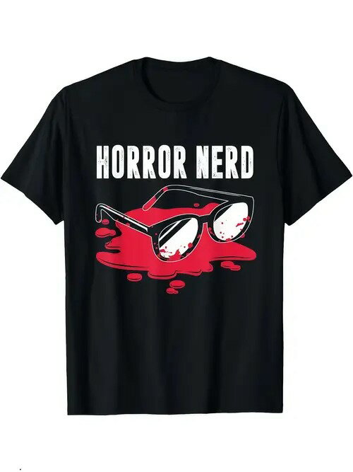 200gの黒い半袖Tシャツには白い文字がプリントされ、赤い液体に染まったメガネが怖い雰囲気を醸し出し..