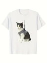 200gの白い半袖Tシャツには、グレーのトラクションを背負ったお行儀の良い猫が描かれている。素材はコットンで、着心地がよく、通気性がよく、ゆったりとした着心地は毎日のレジャーに適している。