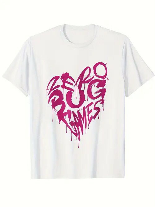 ハートの形をしたピンクの墨文字が入った200gの白Tシャツで、着心地と通気性に優れたコットン製。
