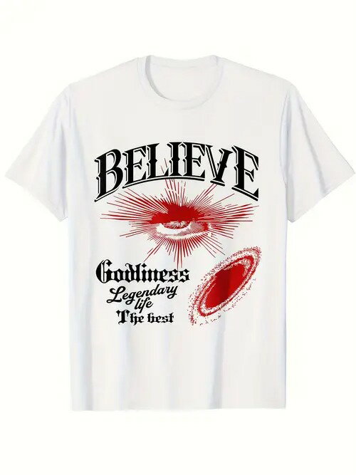 200g トレンディな白のTシャツに、目と放射状の模様が入ったテキストがあしらわれている。スタイルはストリート、インスピレーション、信念を伝えるもので、個性を表現する文化的なシャツに属する。
