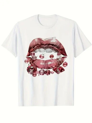 白い半袖のフロントに赤とシルバーのプリントが施された200gのコットンTシャツ。 グラフィックは女性の唇で、唇の周りにはたくさんの赤い宝石が散りばめられている。 白い半袖のフロントに赤とシルバーのプリントが施された200gのコットンTシャツ。 グラフィックは女性の唇で、唇の周りにはたくさんの赤い宝石が散りばめられている。
