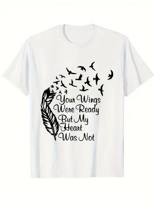 200gのコットンTシャツの前面に黒いプリントと文字。 左には羽、右には飛ぶ鳥の群れ、中央には黒い手書きの文字が渋い感情を伝えている。