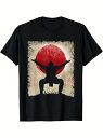 200gの黒い半袖Tシャツは、両手を広げてしゃがむ人物の黒いシルエットと、巨大な赤い太陽を背景に、日本のわびさびの要素を取り入れている。半袖の素材はコットンで着心地と通気性に優れ、ゆったりとしたフィットは普段使いにカジュアル。
