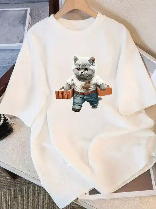 レンガを運ぶニャンコ200gです!滑稽挿絵プリントされて白い半袖tシャツ姿の想像力を牛耳るれんが猫+英服、引っ越し游感満百乗って白いt爽やか、エノモトだぶだぶシルエット蔵の肉はなにげなく、日常街、触ったり、?を服にも超?