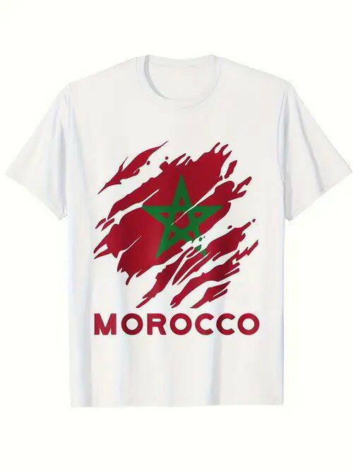 200gのコットン製Tシャツ。白の半袖で、中央に緑の五芒星を配したモロッコ国旗を赤のインクで囲み、そ..