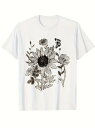 黒、白、グレーで花と蝶のデザインをフロントにプリントした200gのコットン製Tシャツ。 大きなヒマワリ、いくつかの小さな花と蝶が描かれ、全体的にシンプルでエレガント、そして自然を感じさせるスタイルです。