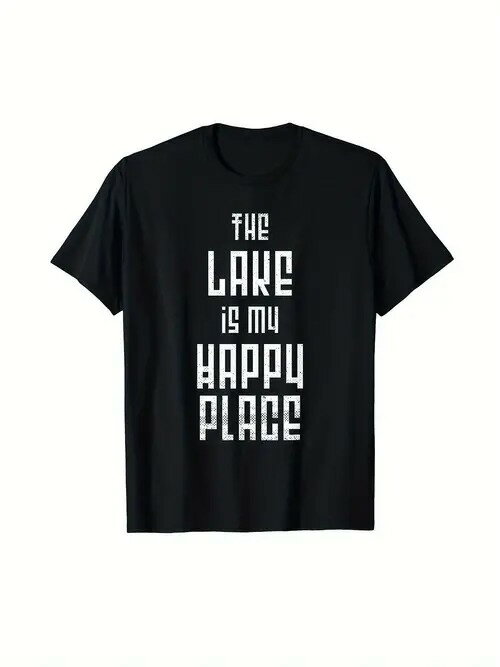 200gのコットンTシャツ、黒いTシャツに白い文字で湖への愛を表現し、安らぎとリラックスを感じさせる。..