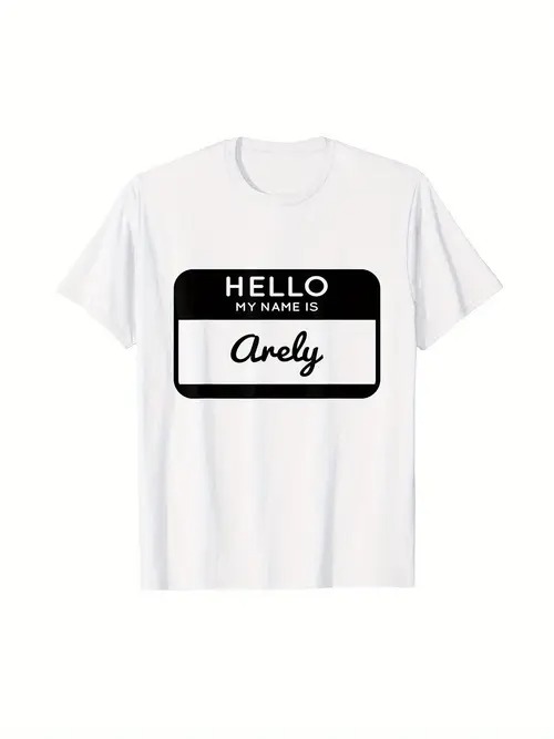 200gのコットンTシャツ、白いTシャツの前面には黒い縁取りの名札風の模様がプリントされ、内側には文字..