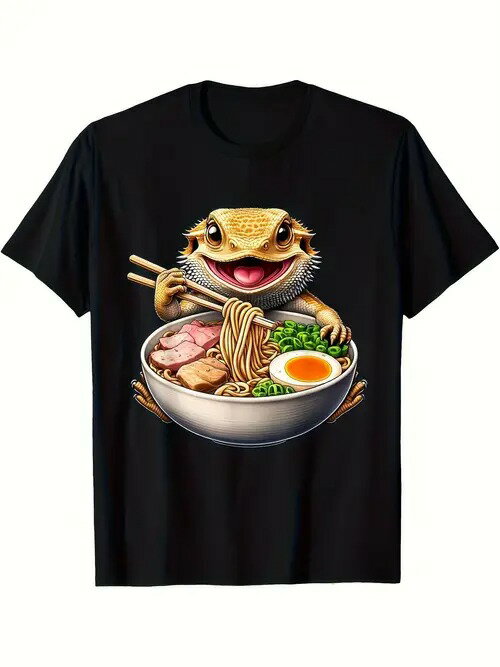 200gの黒半袖Tシャツ。口を開けて箸を振り回すトカゲが、卵やチャーシュー、野菜などをトッピングした..
