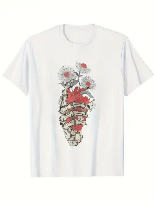 フロントに解剖学的なスタイルのハート・プリントを施した200gのコットン製Tシャツ。ハートを囲む白いデイジーとハートと花の繊細なラインが、全体的に文学的で芸術的なスタイルを表現している。