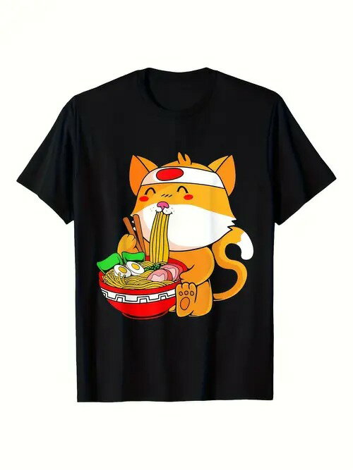楽天エムーエムショップ200gの黒いTシャツには、擬人化されたキュートな子猫が、赤い太陽がプリントされた白いカチューシャをつけ、ゆるい卵やスライスした肉、青菜などの具が入ったラーメンを楽しそうに食べている姿が描かれている。コットン素材で着心地がよく、通気性も抜群。