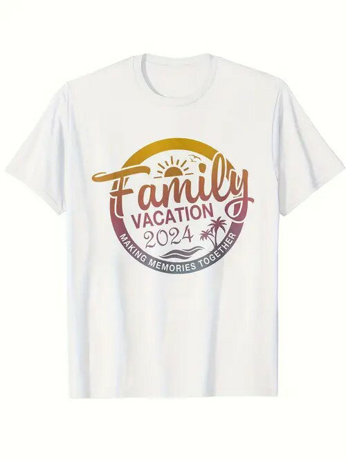 フロントにカラフルなテキストとグラフィックをあしらった200gのコットンTシャツ。 全体的なスタイルは、楽しい雰囲気で家族の休日着に適している。