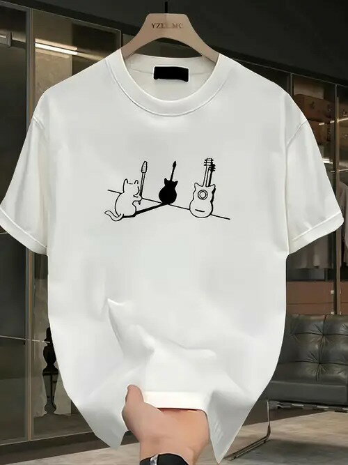 200g 白半袖Tシャツは猫と2本のギターが特徴で、デザインはシンプルでキュート、文学的で楽しい雰囲気..