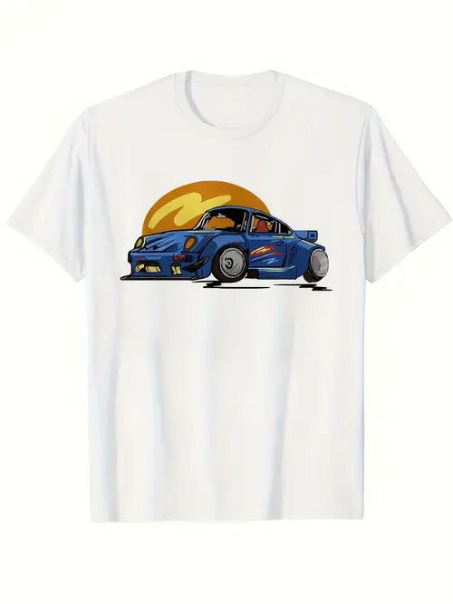 200gのコットン製Tシャツは、スポーティなスポーツカーの形をしたブルーのスポーツカー・グラフィックをフロントに配し、背景に太陽を模したオレンジの円を描くことで、全体的にスピードと情熱に満ちたスタイルを表現している。
