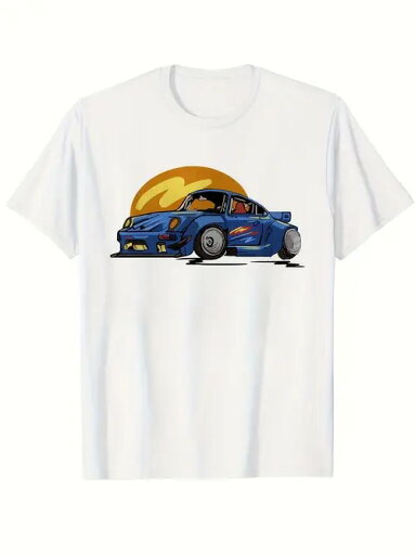 200gのコットン製Tシャツは、スポーティなスポーツカーの形をしたブルーのスポーツカー・グラフィックをフロントに配し、背景に太陽を模したオレンジの円を描くことで、全体的にスピードと情熱に満ちたスタイルを表現している。 200gのコットン製Tシャツは、スポーティなスポーツカーの形をしたブルーのスポーツカー・グラフィックをフロントに配し、背景に太陽を模したオレンジの円を描くことで、全体的にスピードと情熱に満ちたスタイルを表現している。