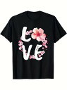 200gの黒の半袖Tシャツ。ピンクの桜の花に囲まれた「LOVE」の文字と、日本の伝統的な花見行事を意味する「花見」の日本語の「E」の文字がデザインされている。アクティビティ. コットンで着心地がよく、通気性があり、ルーズフィット。