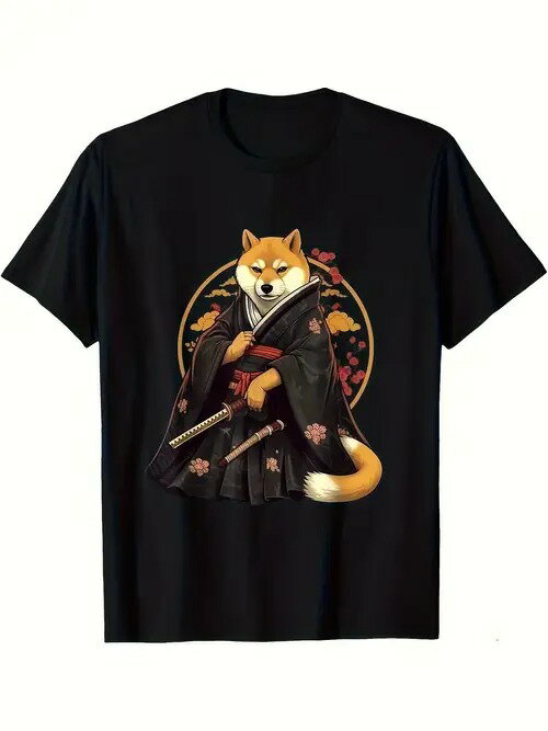 200gのコットンTシャツで、正面には黒い伝統衣装を着た柴犬が剣を持っています。背景には金色のリングとピンクの花が飾られています。全体的に日本の伝統的な要素を取り入れた可愛らしいデザインです。