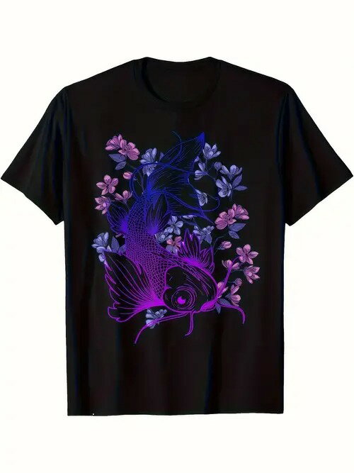 200gの黒の半袖Tシャツには、紫と青でカラフルな鯉がデザインされ、その周りをピンクと紫の花が囲んでいる。鯉は日本文化において幸運と繁栄の象徴であることから、このデザインには日本の伝統的な要素が取り入れられている。