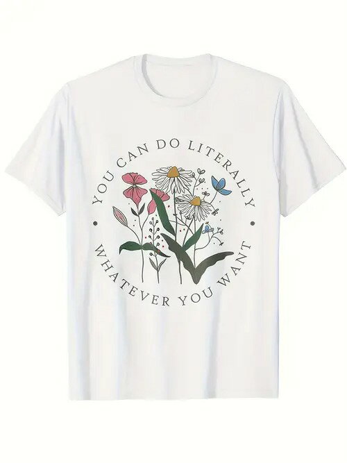 フロントにブラックのテキストと花柄がプリントされた200gコットン製Tシャツ。 テキストは円形に配置され、中央にはマルチカラーの花と葉のモチーフがあしらわれ、全体的に自由でカジュアルなスタイルに仕上がっている。