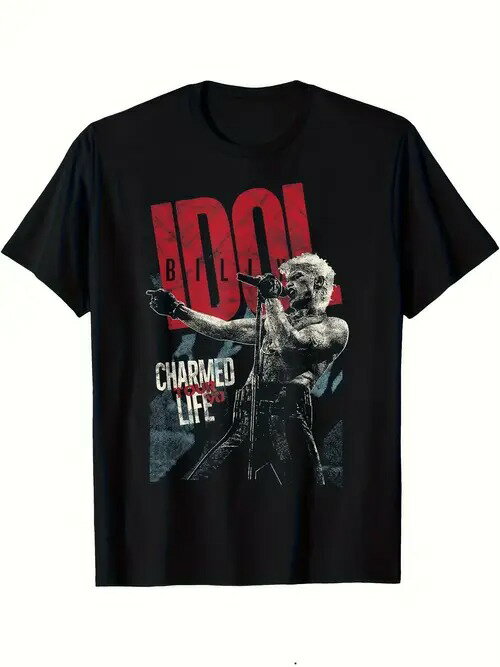 200gの黒の半袖Tシャツには、マイクを持ってパフォーマンスするシンガーが描かれ、赤と白の文字が目を引く。スタイル的にはロックやポップの要素が強く、ピュア・コットン製で着心地がよく通気性に優れている。