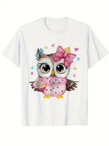 200gのコットンTシャツのフロントにプリントされたフクロウのアニメ・デザイン。 大きくて丸い目、頭のピンクのリボン、胴体のピンクの飾り、羽の小さなカラフルなドットがとてもキュートです。 背景にはカラフルなハート模様が散りばめられ 200gのコットンTシャツのフロントにプリントされたフクロウのアニメ・デザイン。 大きくて丸い目、頭のピンクのリボン、胴体のピンクの飾り、羽の小さなカラフルなドットがとてもキュートです。 背景にはカラフルなハート模様が散りばめられ
