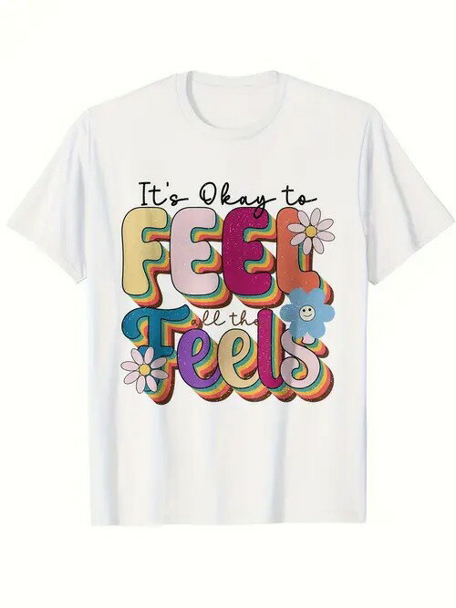 200g ヒーリング・スタイルの白Tシャツ、感情表現を促す、カラフルなヴィンテージ・フォント、花柄プリント、ヒッピー・スタイル、ポジティブなエネルギー。