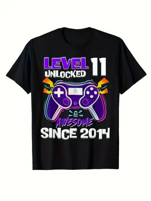 ゲーム愛好家必携の200gブラック半袖Tシャツは、パープルのゲームパッドグラフィックとカラフルな縁取..