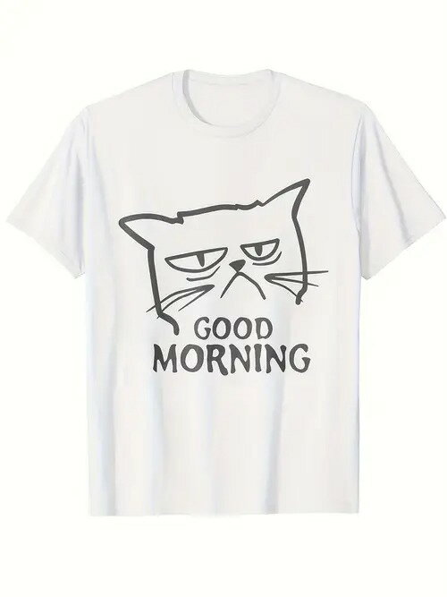 コットン200gのTシャツは、フロントにシンプルな猫の見出しのグラフィックが描かれ、少し真剣な表情をしている。 グラフィックの下には大文字の黒文字があり、全体的にシンプルでユーモラスなスタイル。