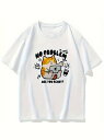 200gの白い半袖Tシャツにオレンジと白の猫のプリント。猫はコーヒーカップなどの横でタブレットPCを持っている。ピュア・コットンで着心地がよく、通気性に優れ、ルーズフィット。(4)