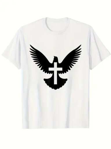 200g 白いTシャツに黒い翼の鳥(平和の鳩を象徴していると思われる)と白い十字架、宗教的(キリスト教関連のシンボル)、信仰をテーマにした流行の服、宗教的文化的シンボルを伝える、創造的な宗教的要素のプリントTシャツスタイル。 200g 白いTシャツに黒い翼の鳥(平和の鳩を象徴していると思われる)と白い十字架、宗教的(キリスト教関連のシンボル)、信仰をテーマにした流行の服、宗教的文化的シンボルを伝える、創造的な宗教的要素のプリントTシャツスタイル。